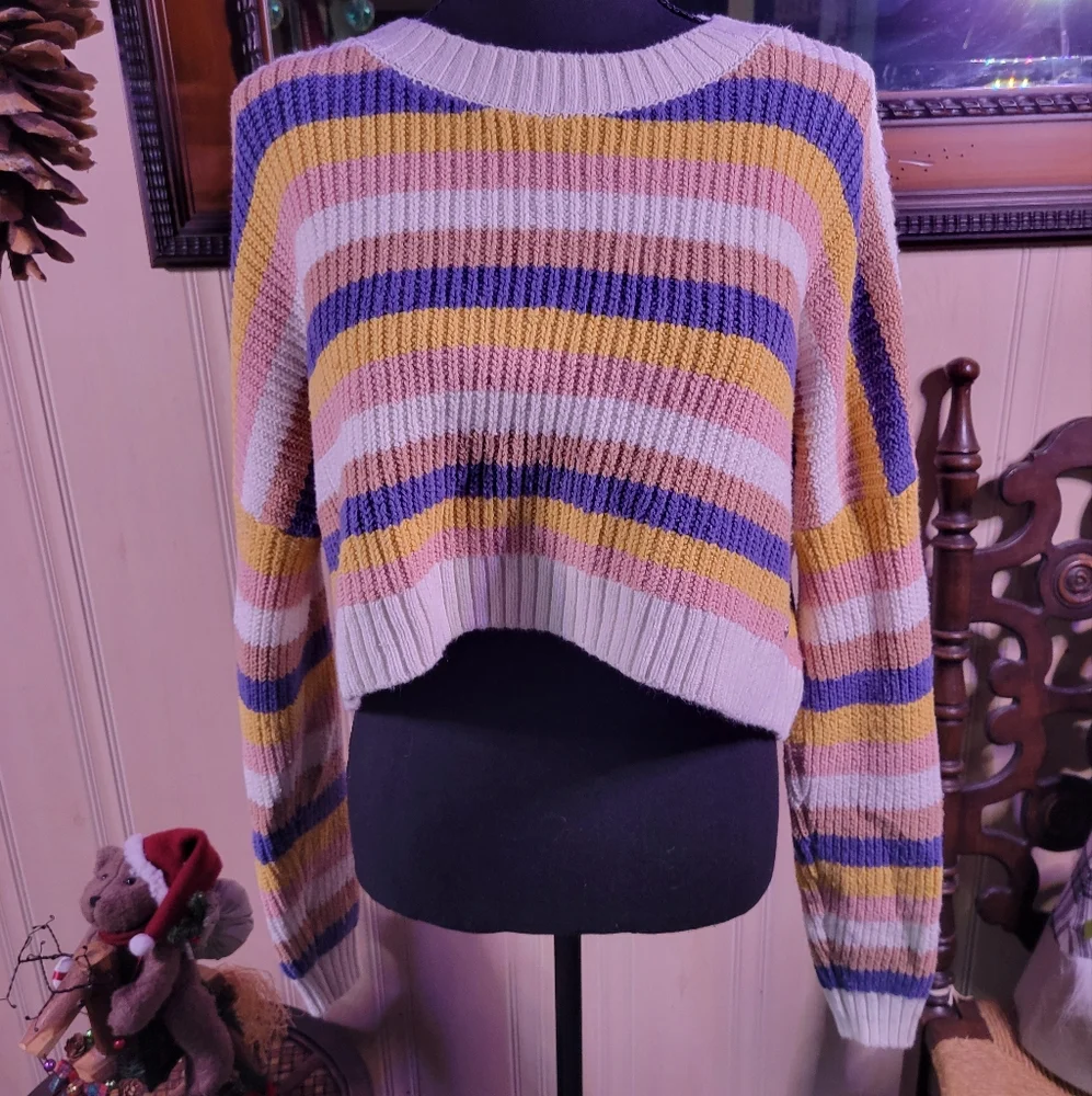 Hollister womens xs cropped slouchy sweater striped-multi colored - Picture 3 of 9